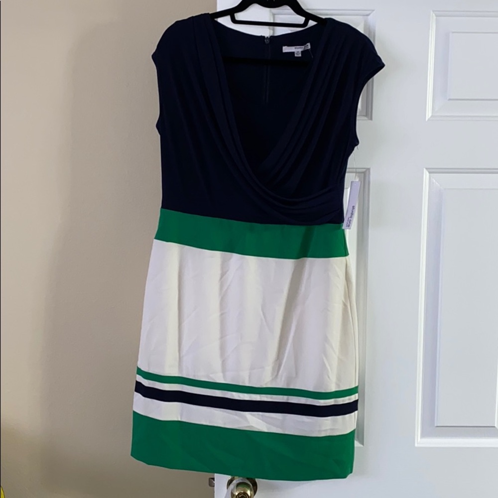 Navy blue and white dress with green stripes